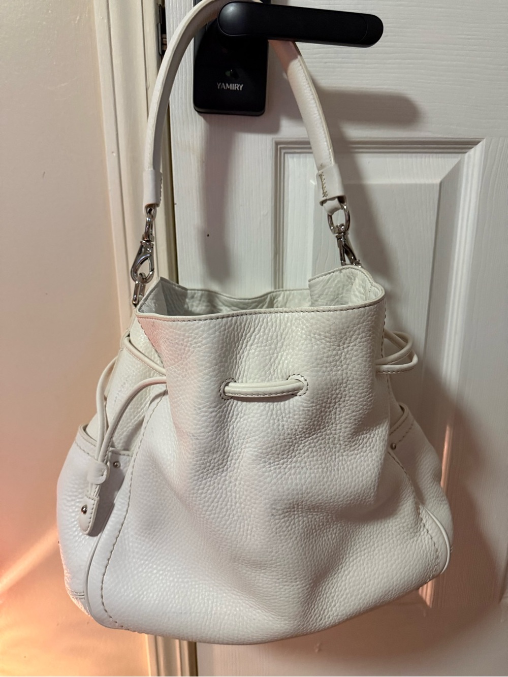 Cole Haan Ivory Pebbled Leather Drawstring Bucket Shoulder Bag